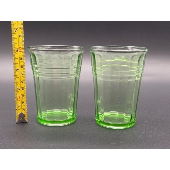 Vintage Hazel Atlas Moderntone Green Uranium Depression Glass Drinking Glasses - Picture 7 of 8